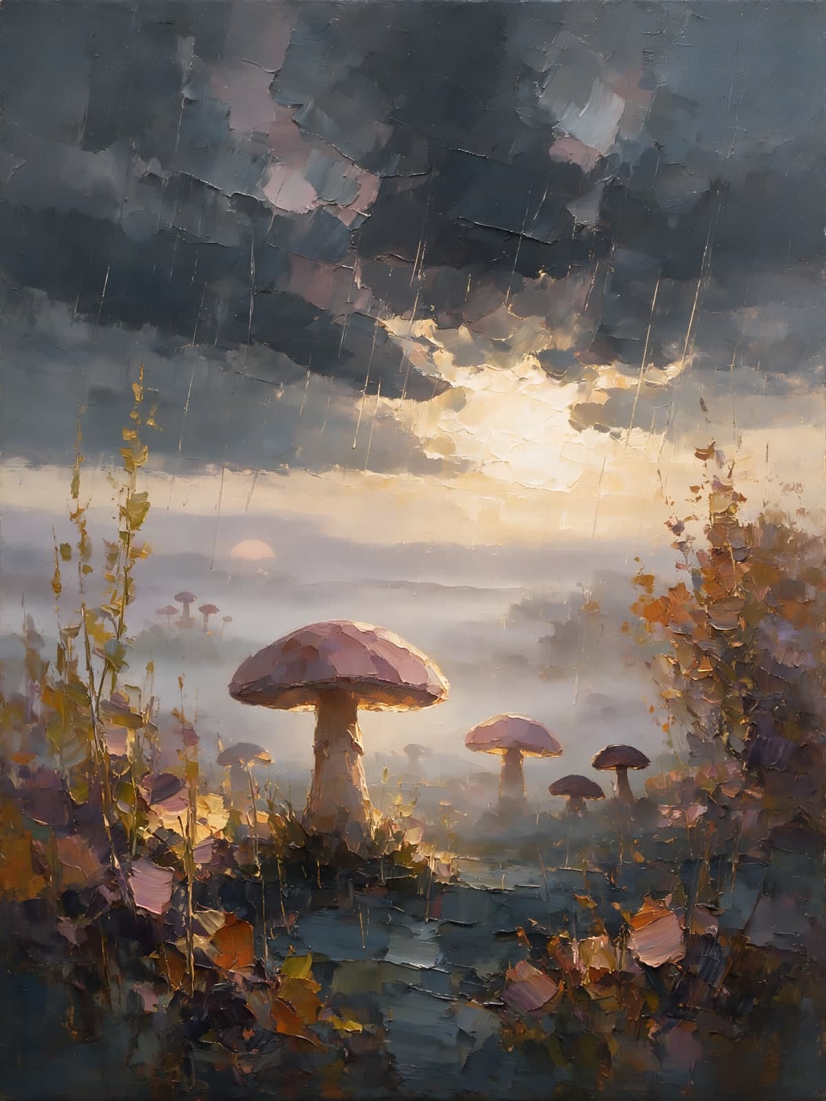 Paddenstoelen in de mist onder regenwolken