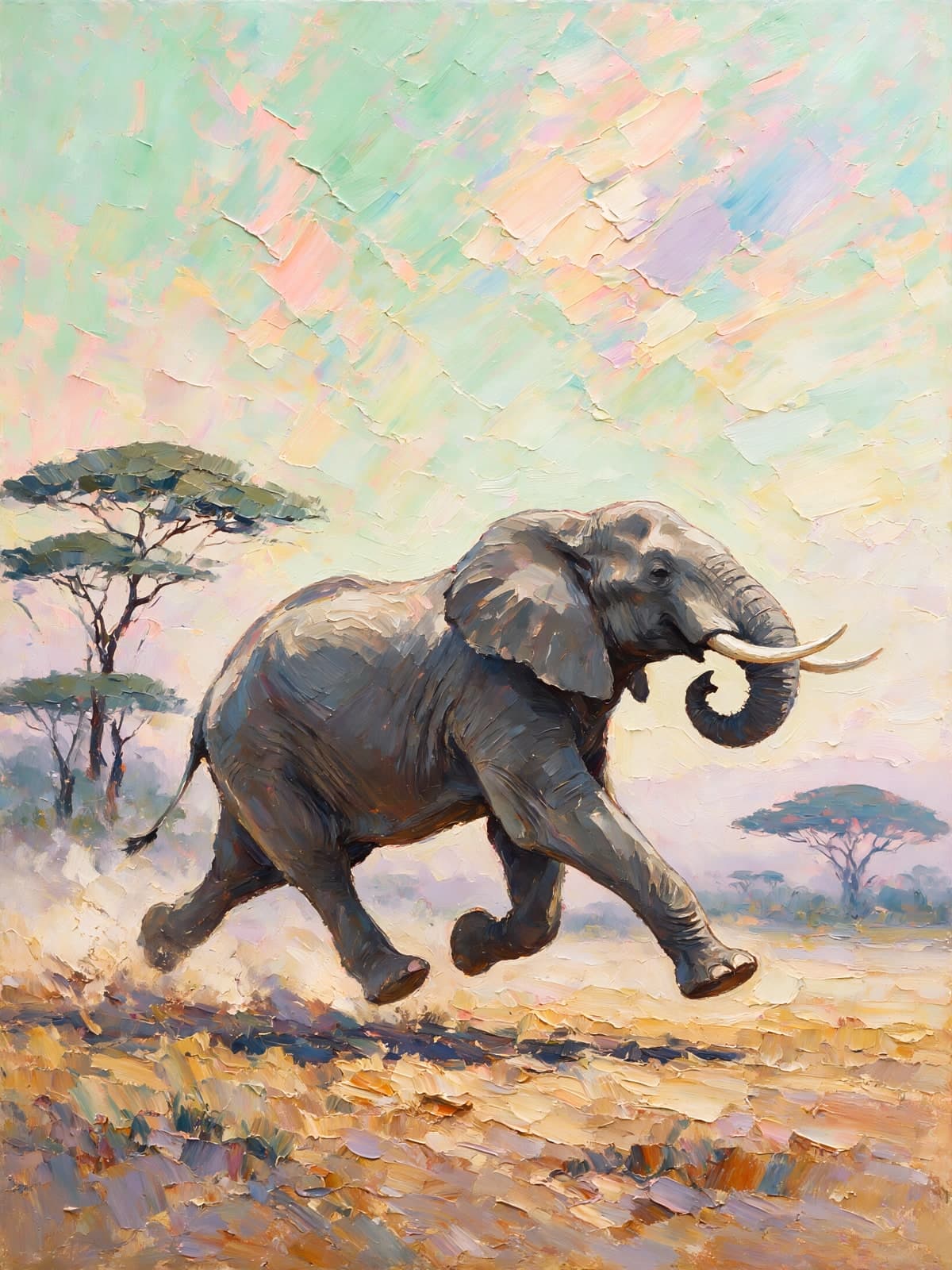 Rennende olifant in pastelkleurige savanne
