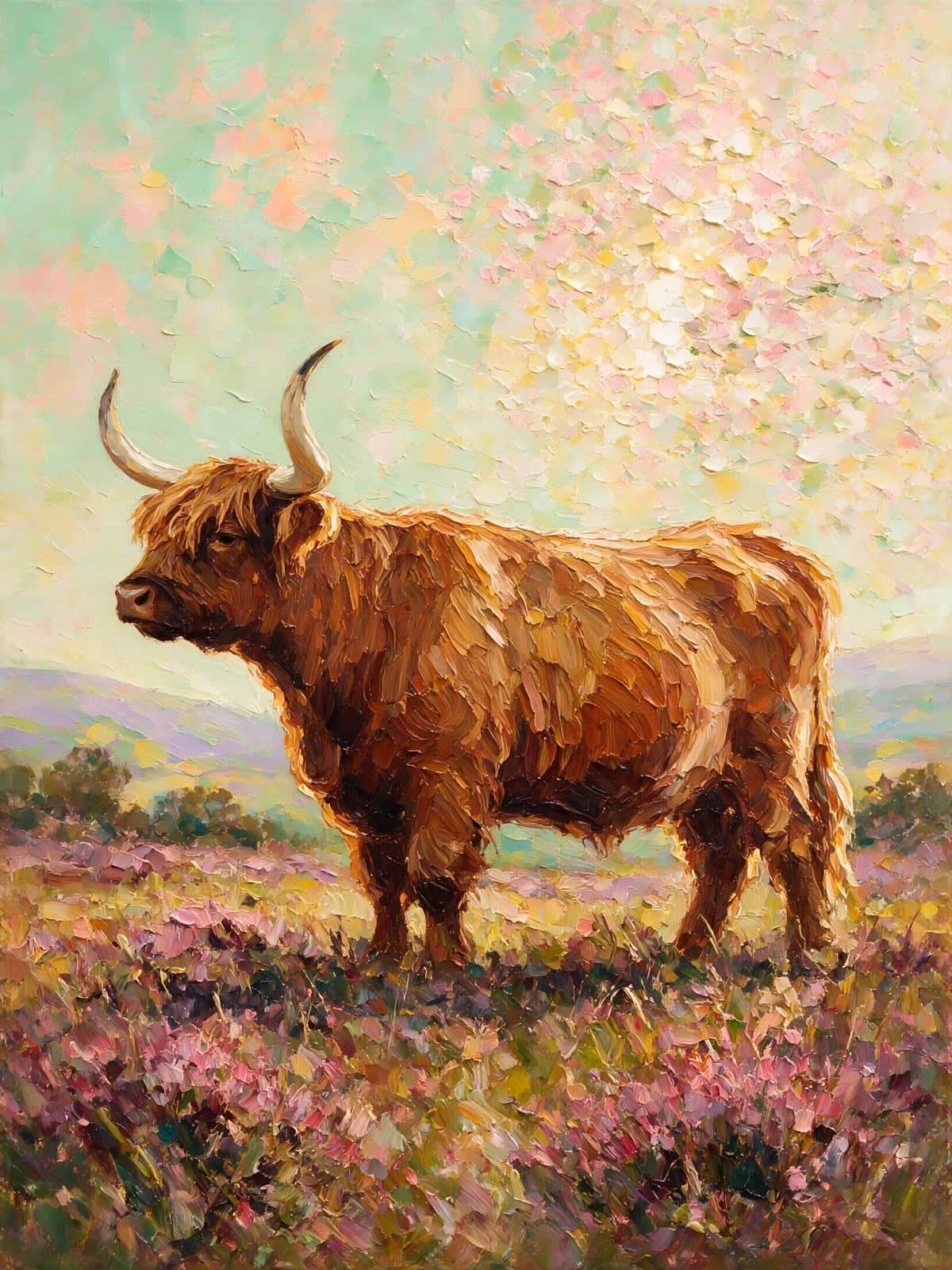 Hooglander in profiel op roze heide