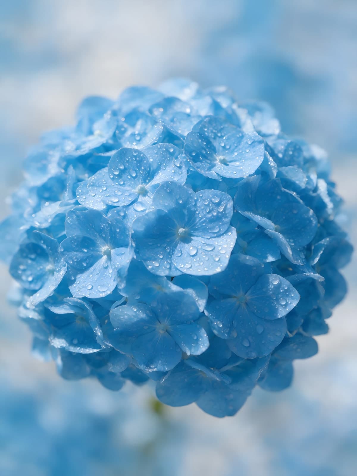 Blauwe hortensia met waterdruppels
