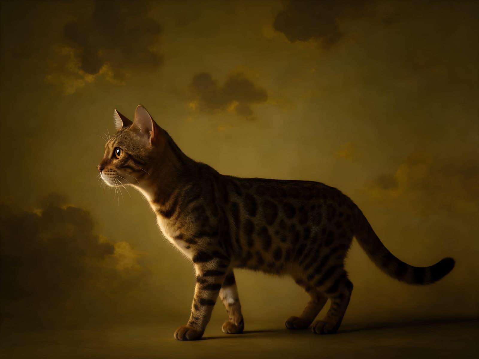 Getijgerde kat in profiel op gouden achtergrond