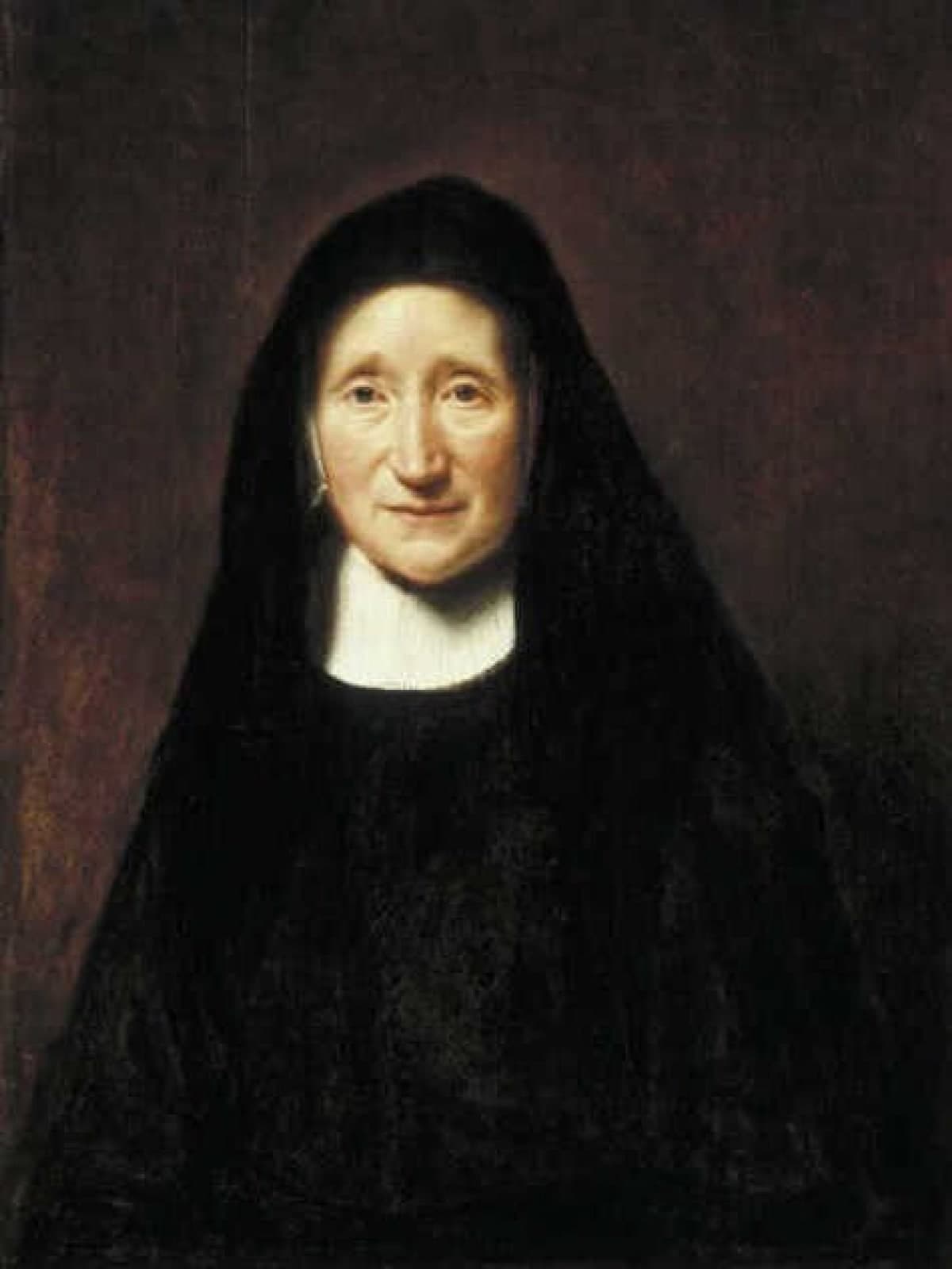 Portret van een oudere vrouw met zwarte kap