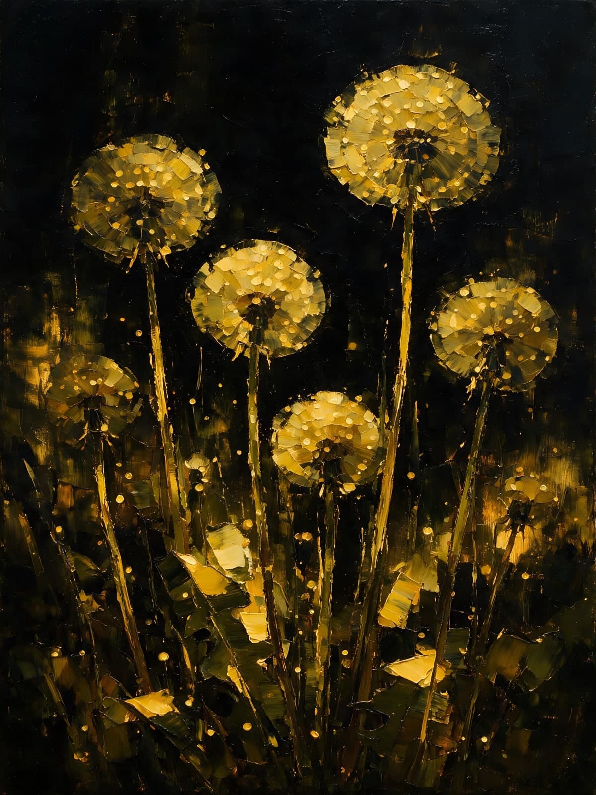 Gouden paardenbloemen in het donker