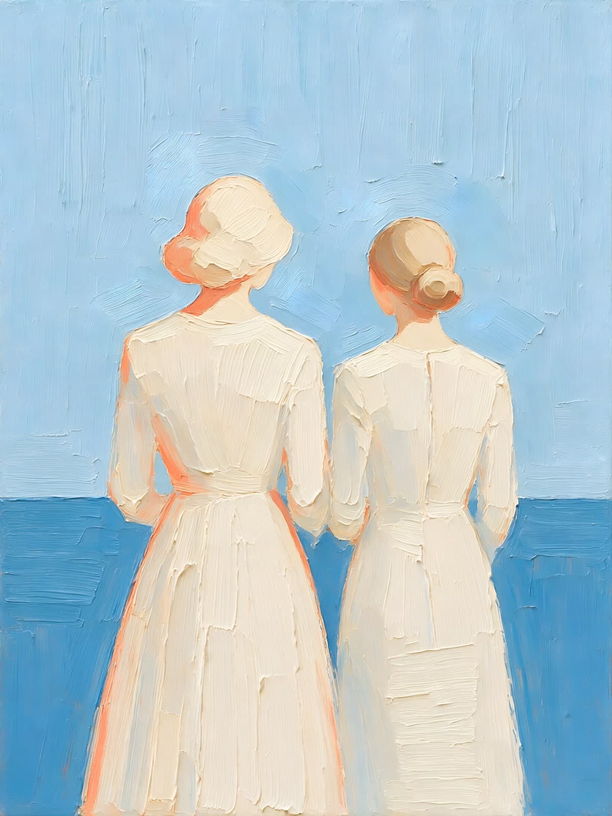 Twee vrouwen in witte jurken aan zee