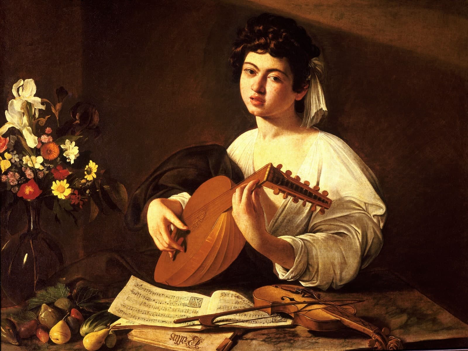 De luitspeler met bladmuziek fruit en bloemen