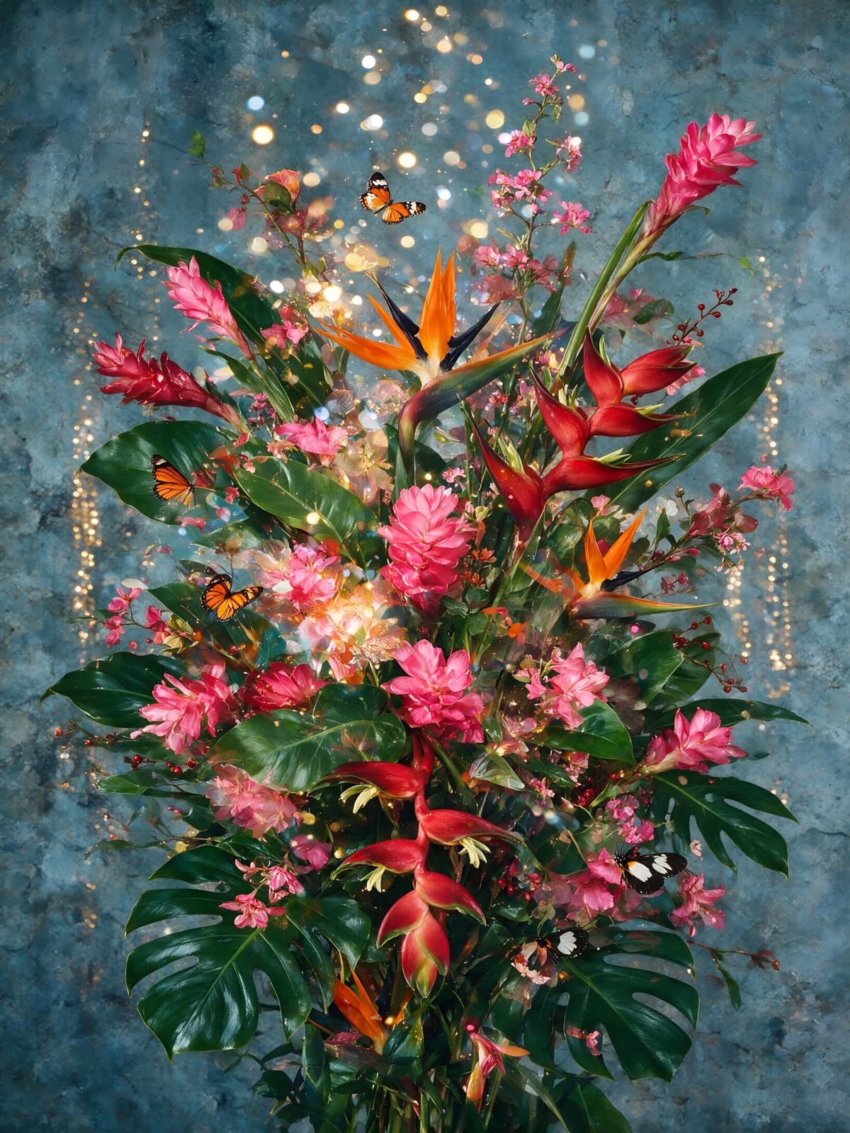 Tropisch boeket met roze bloemen en vlinders
