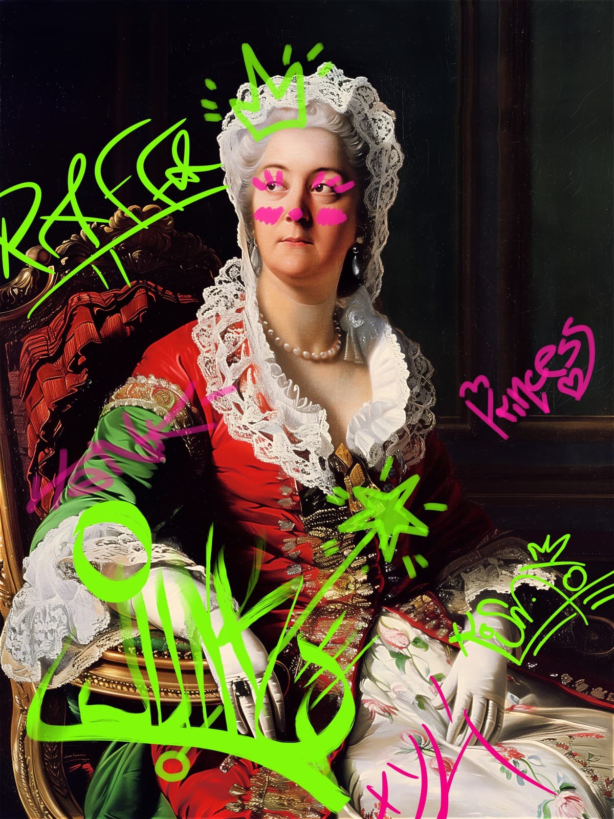 Dame in rood met roze graffitiogen