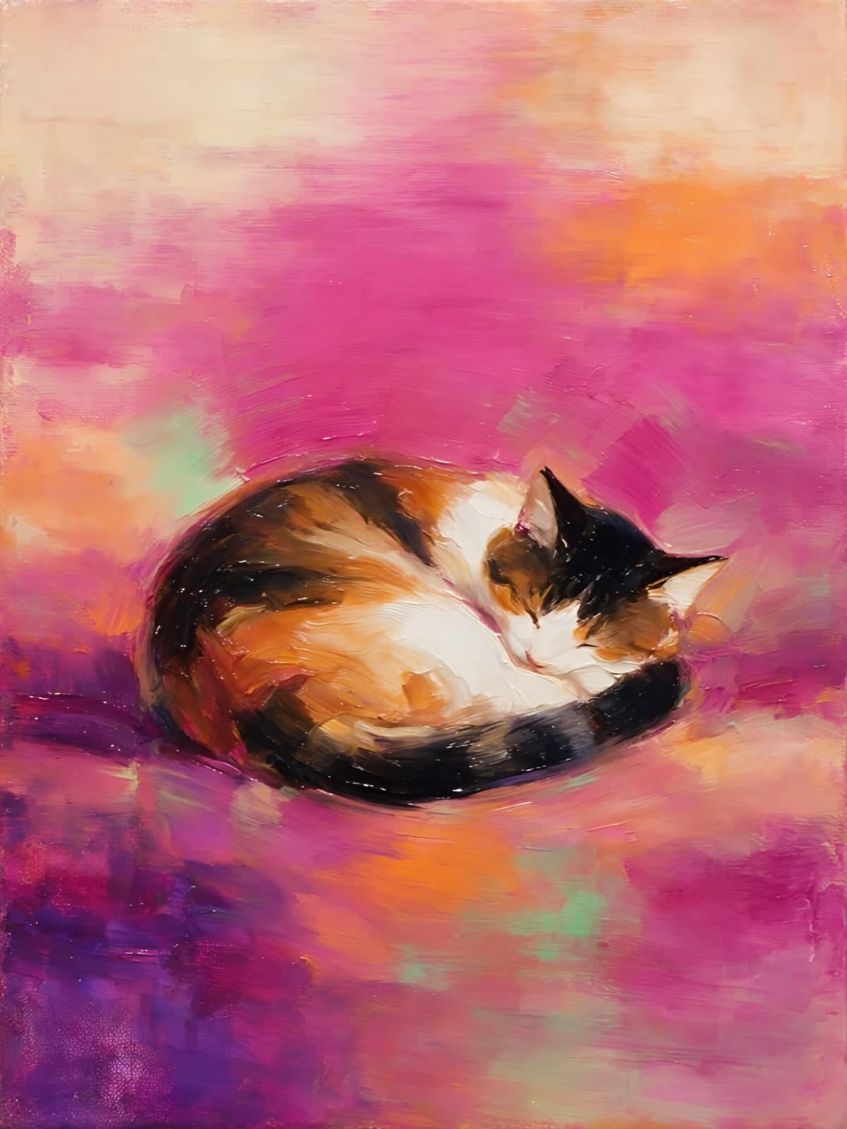 Slapende poes op roze en paarse tinten