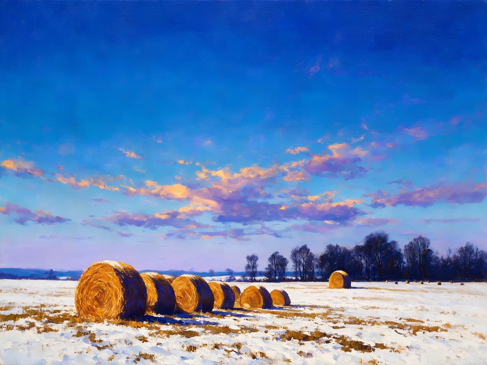 Hooibalen in de sneeuw onder blauwe lucht