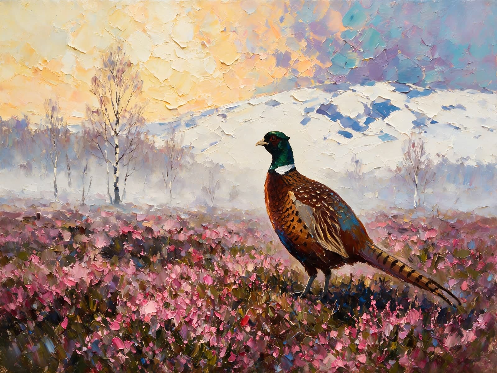 Fazant tussen roze heide en berken