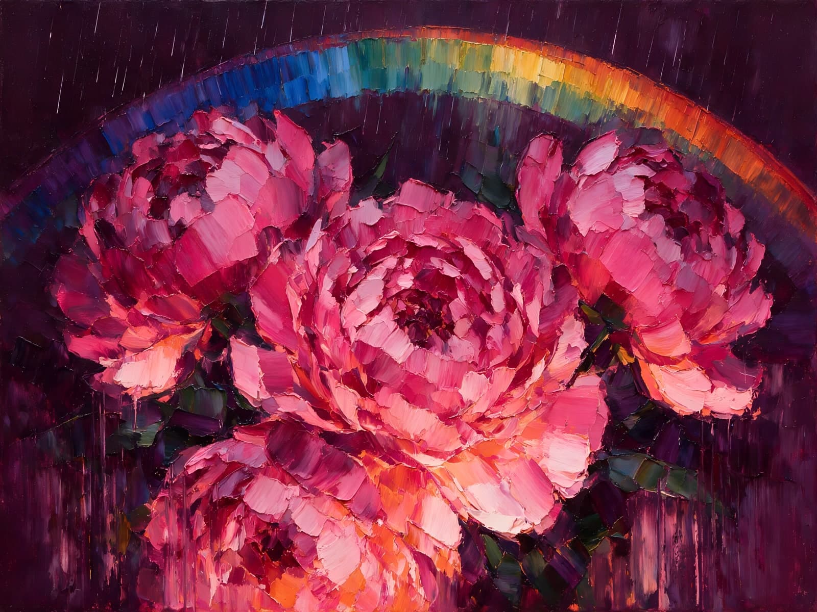 Roze pioenen onder een regenboog