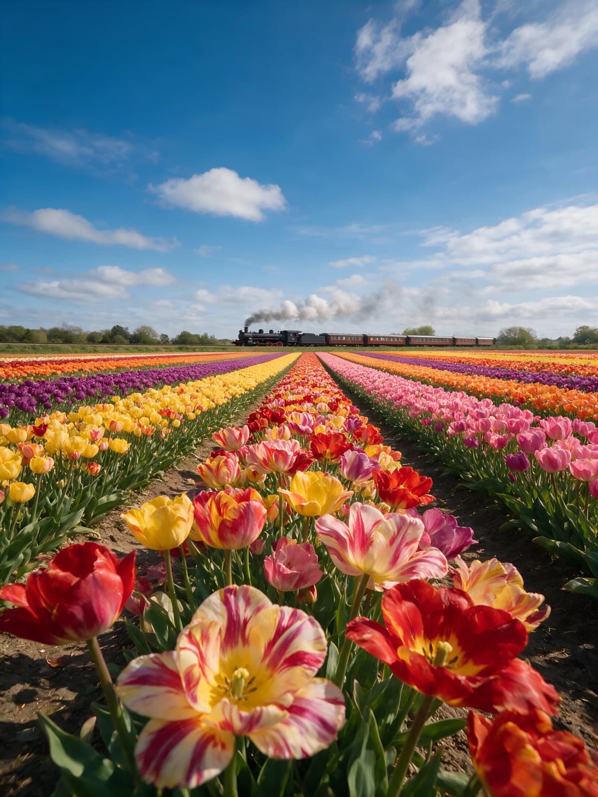 Tulpenvelden met een stoomtrein in de verte