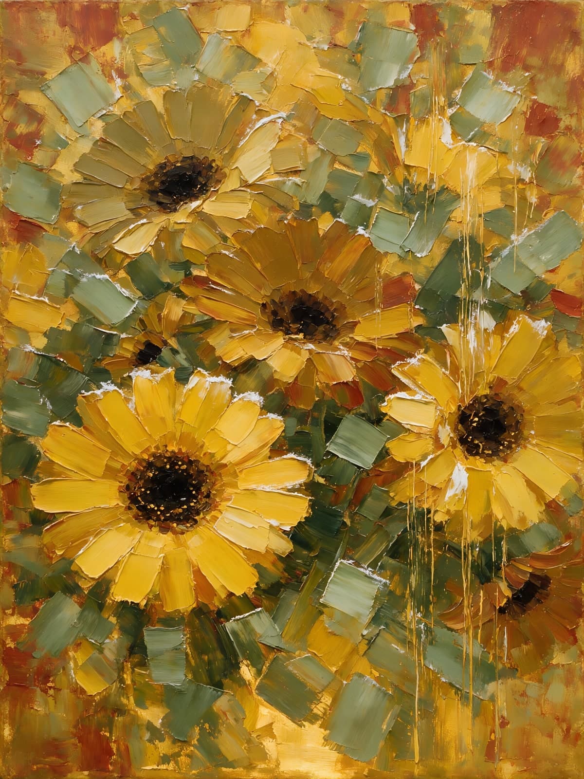 Gele zonnebloemen met groene penseelstreken