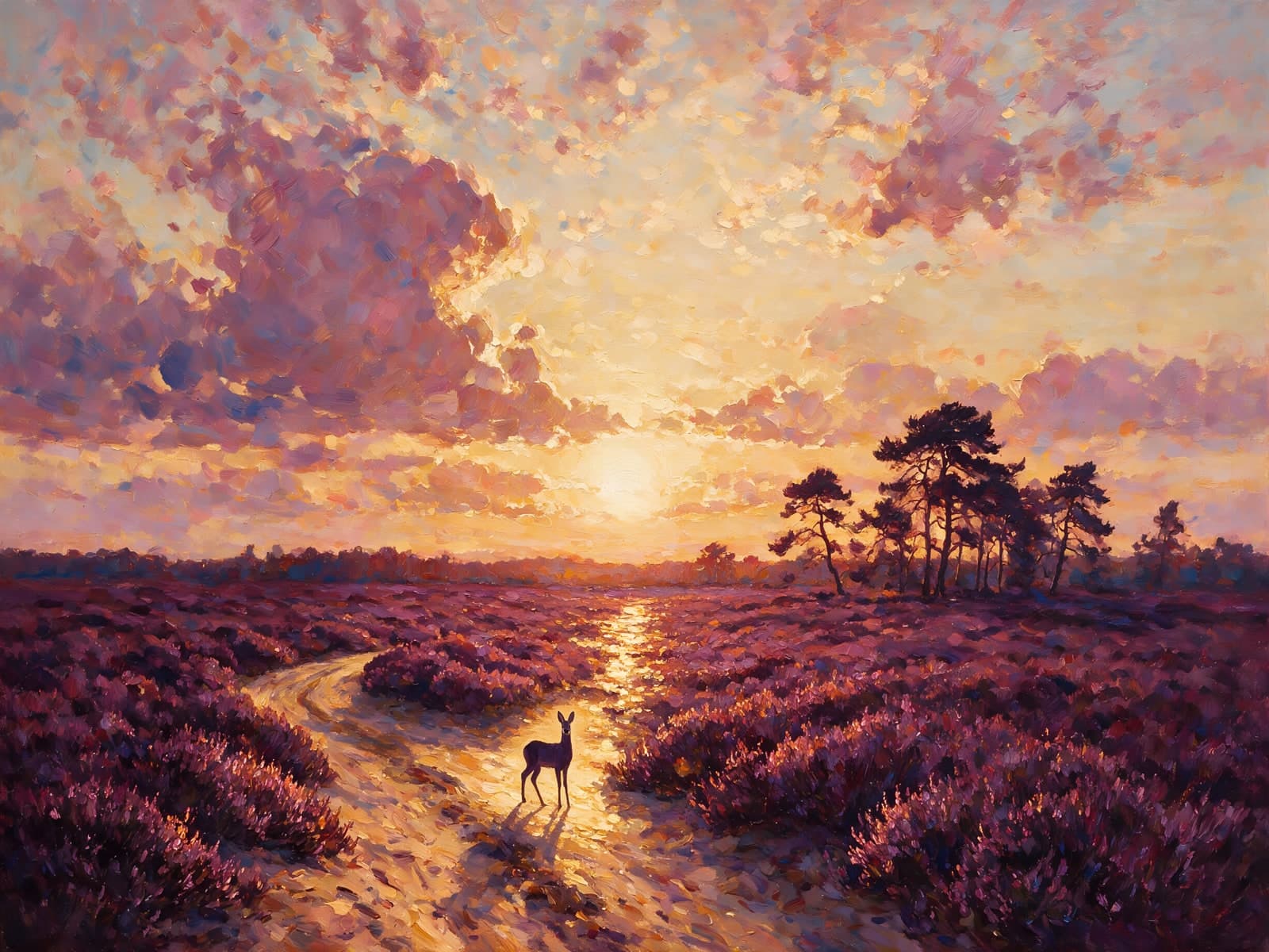 Hert op heidepad bij zonsondergang