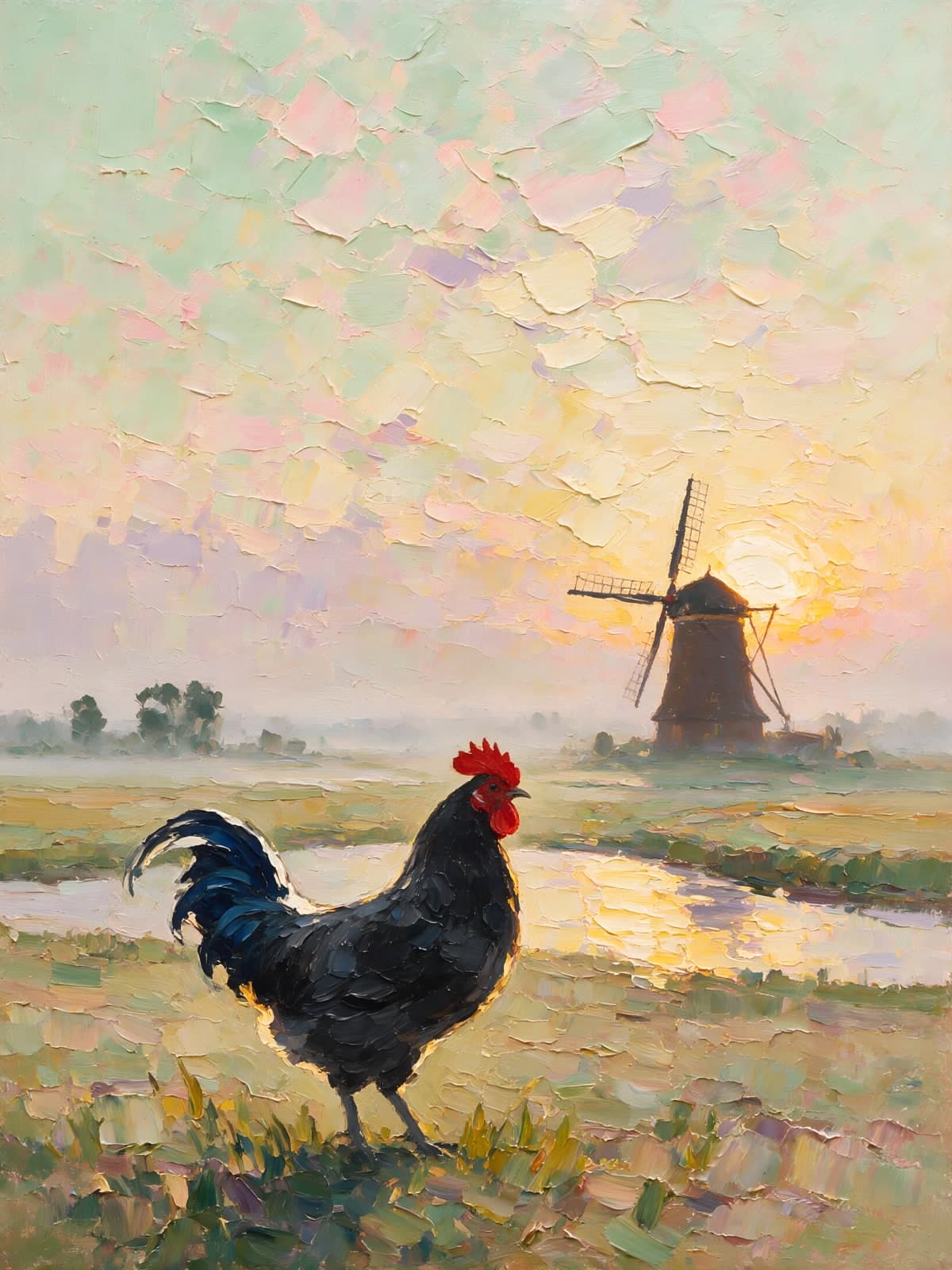 Haan voor een molen bij zonsopgang