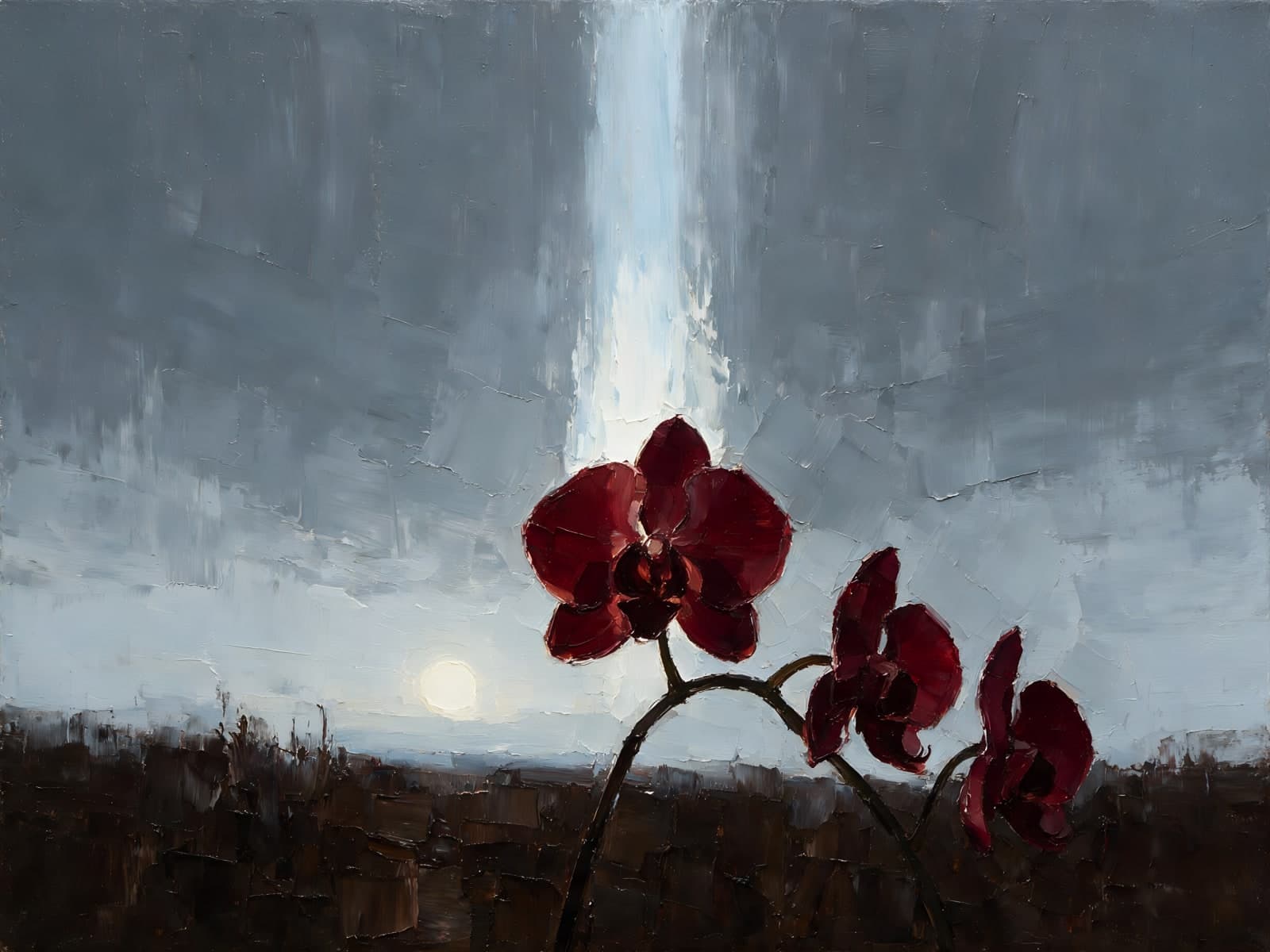 Rode orchideeën onder een grijze lucht
