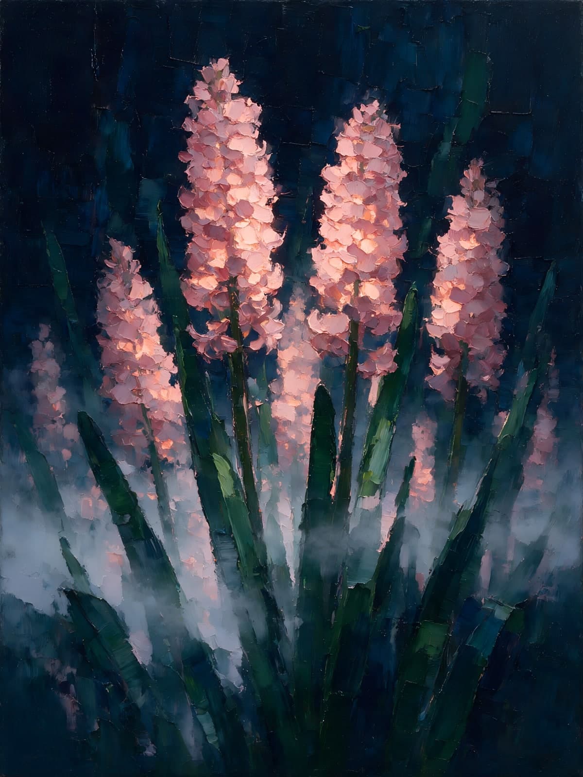 Roze hyacinten in een blauwe nacht