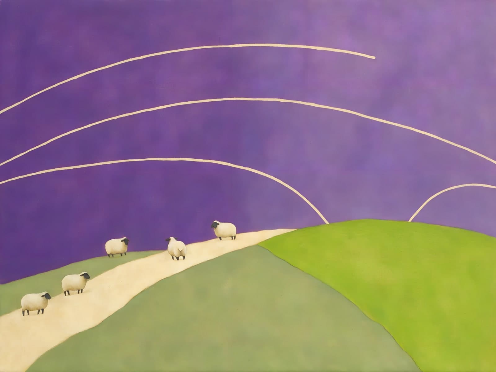 Schapen op een heuvel onder paarse lucht