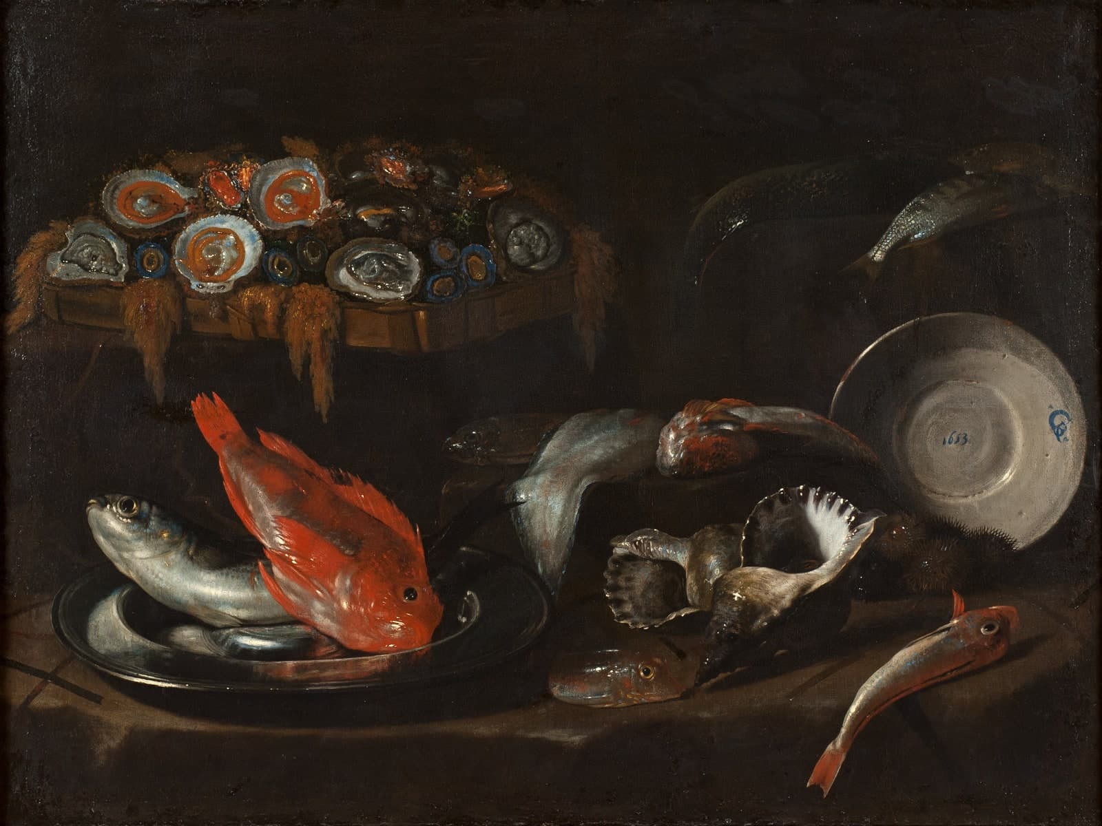 Stilleven met vis en oesters