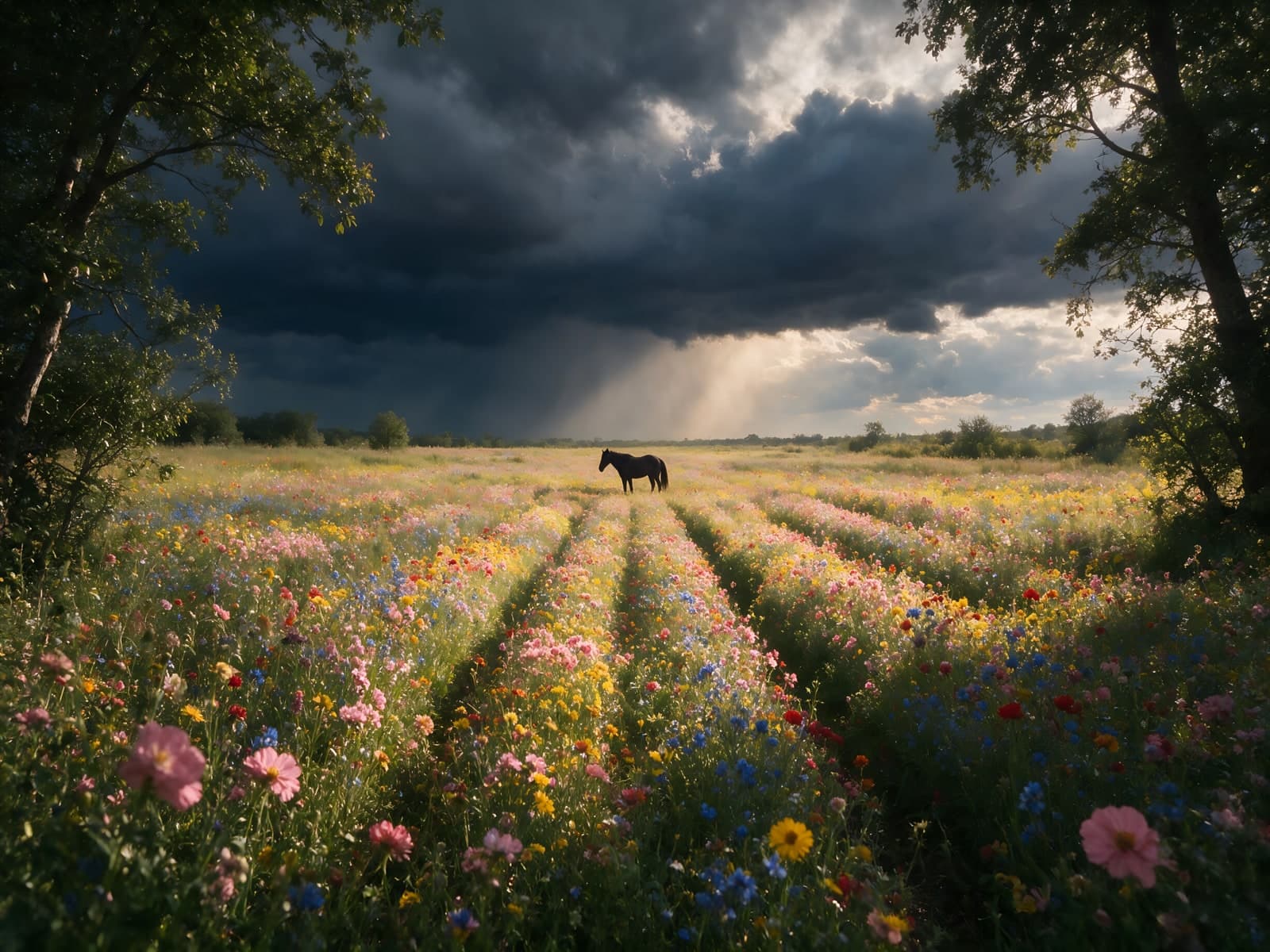 Paard in bloemenveld onder donkere onweerslucht