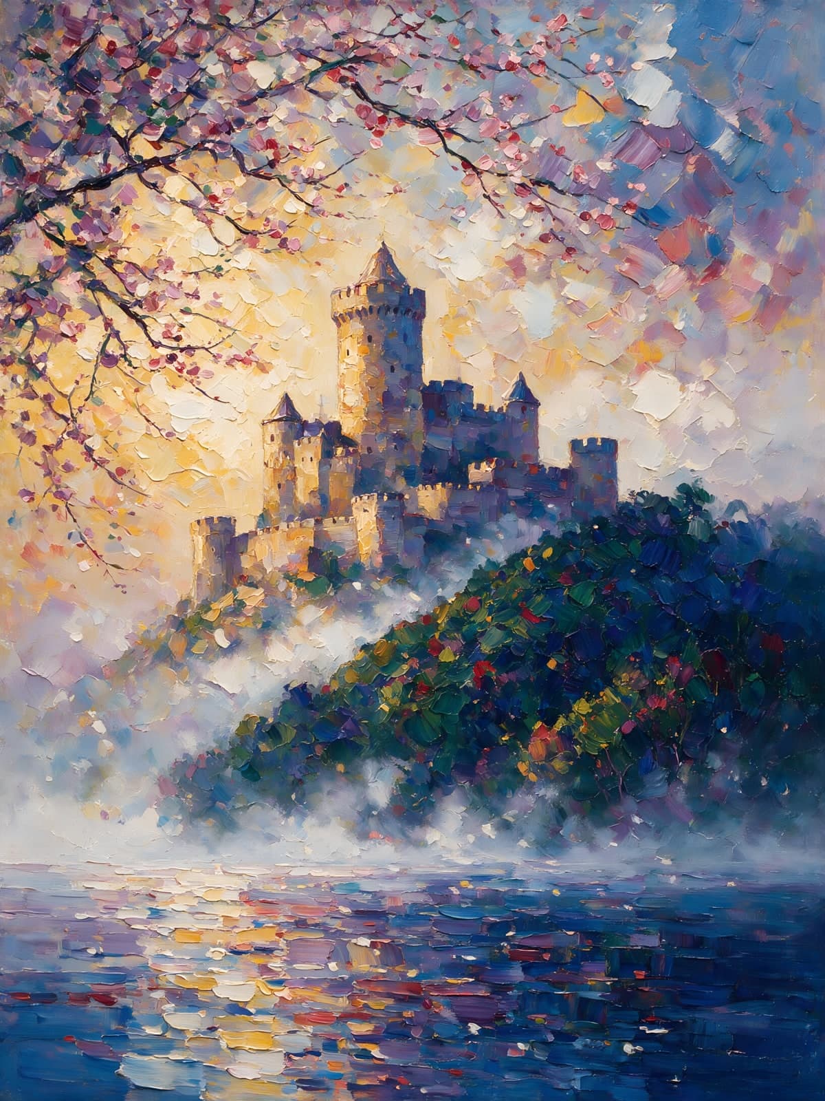 Kasteel op een heuvel boven het water