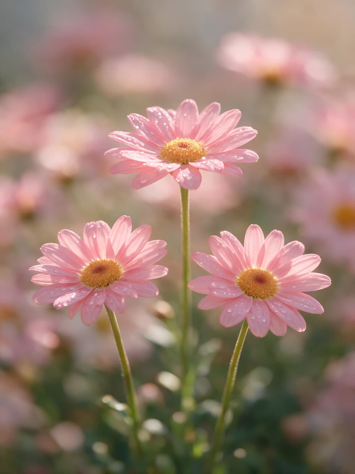 Drie roze margrieten in een bloemenveld