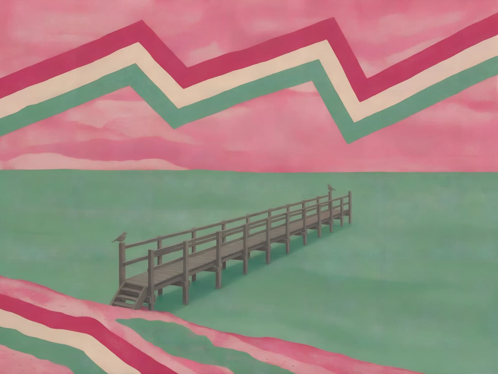 Roze zigzagbanen boven groen water met steiger