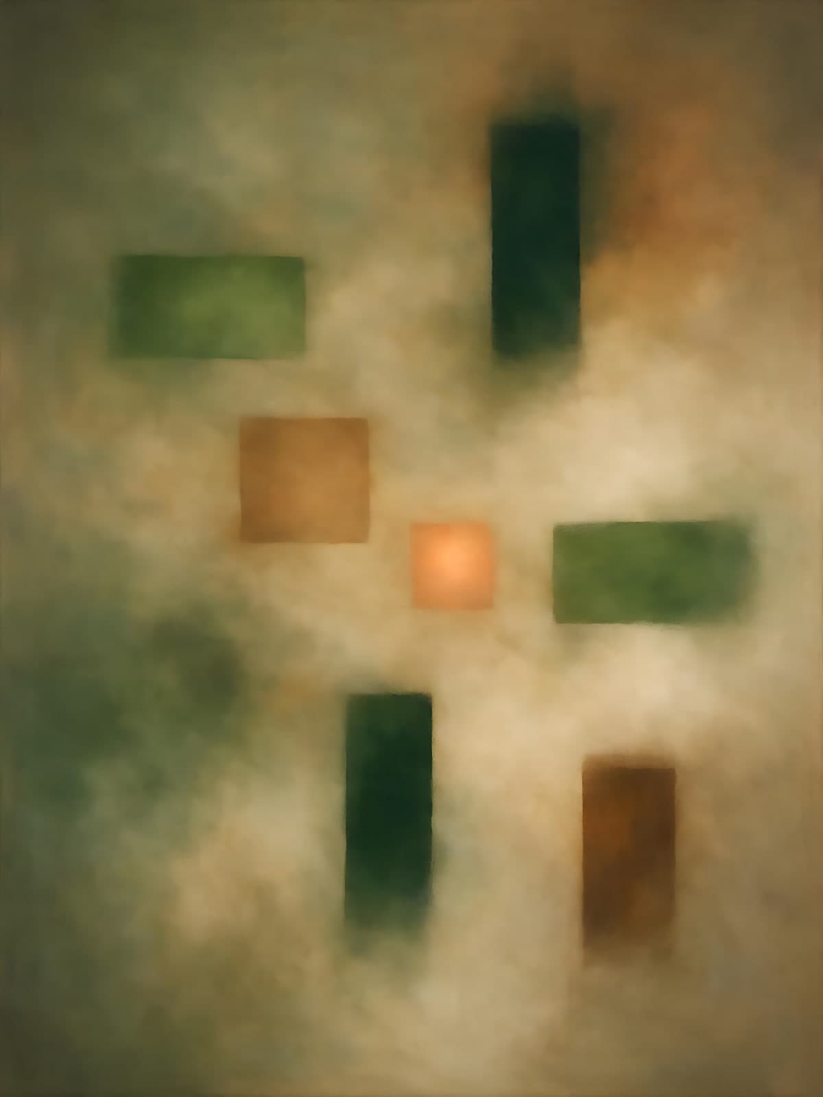 Groene en oranje vlakken in lichte mist