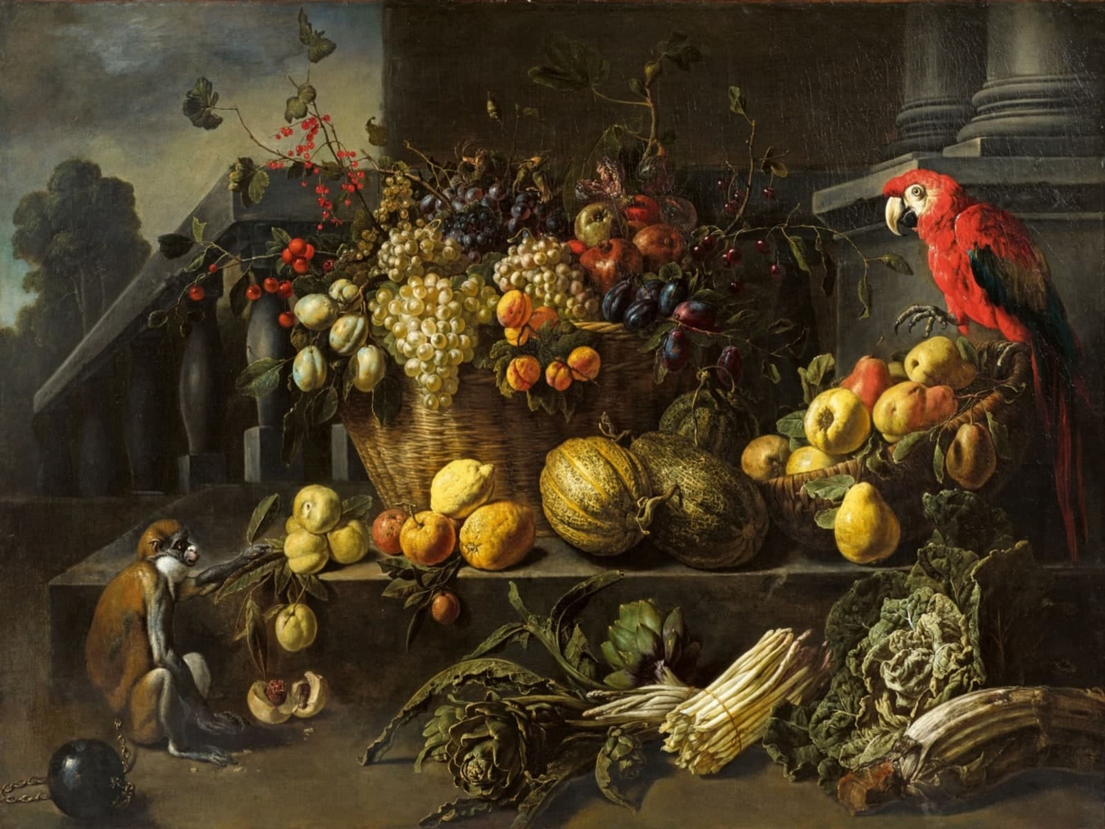 Stilleven met fruit, aap en papegaai
