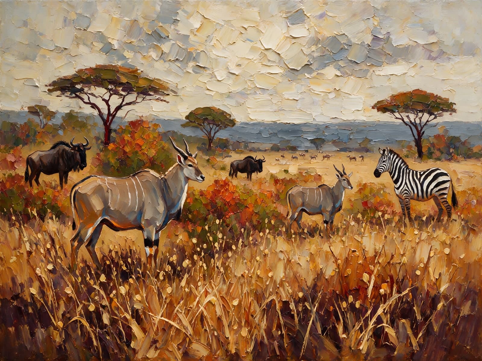 Zebra en gnoes op gouden savanne