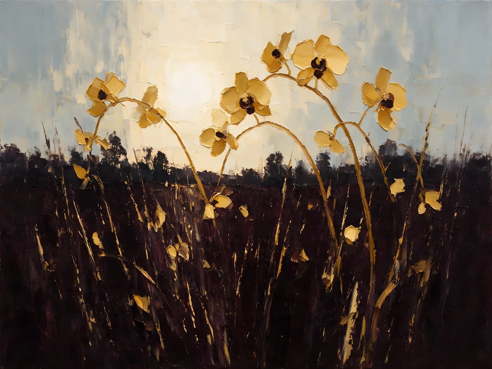 Gouden bloemen boven donker gras