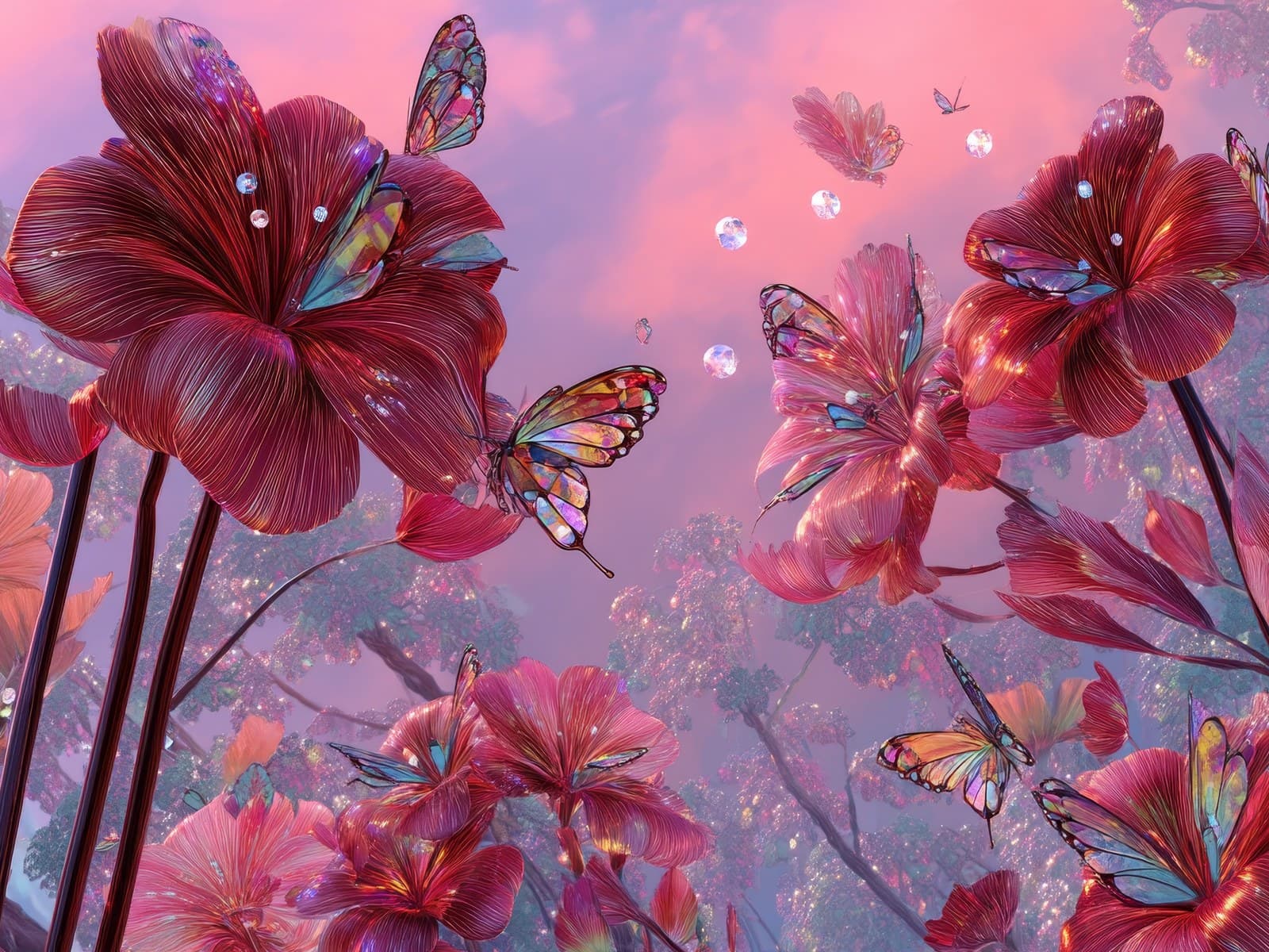 Rode bloemen met regenboogvlinders tegen roze lucht