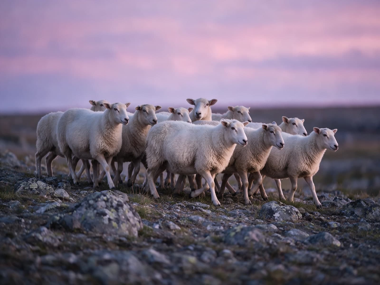 Kudde schapen op rotsen onder paarse lucht