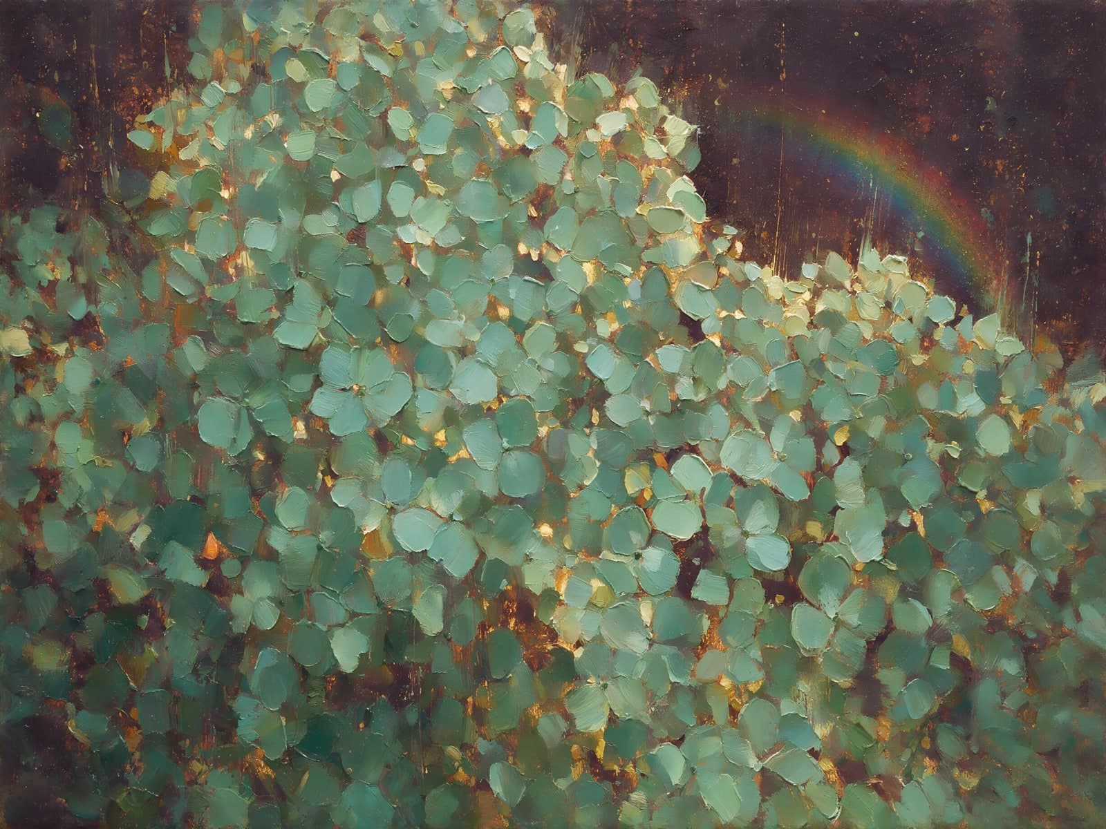 Eucalyptusblaadjes met een regenboog achter het bos