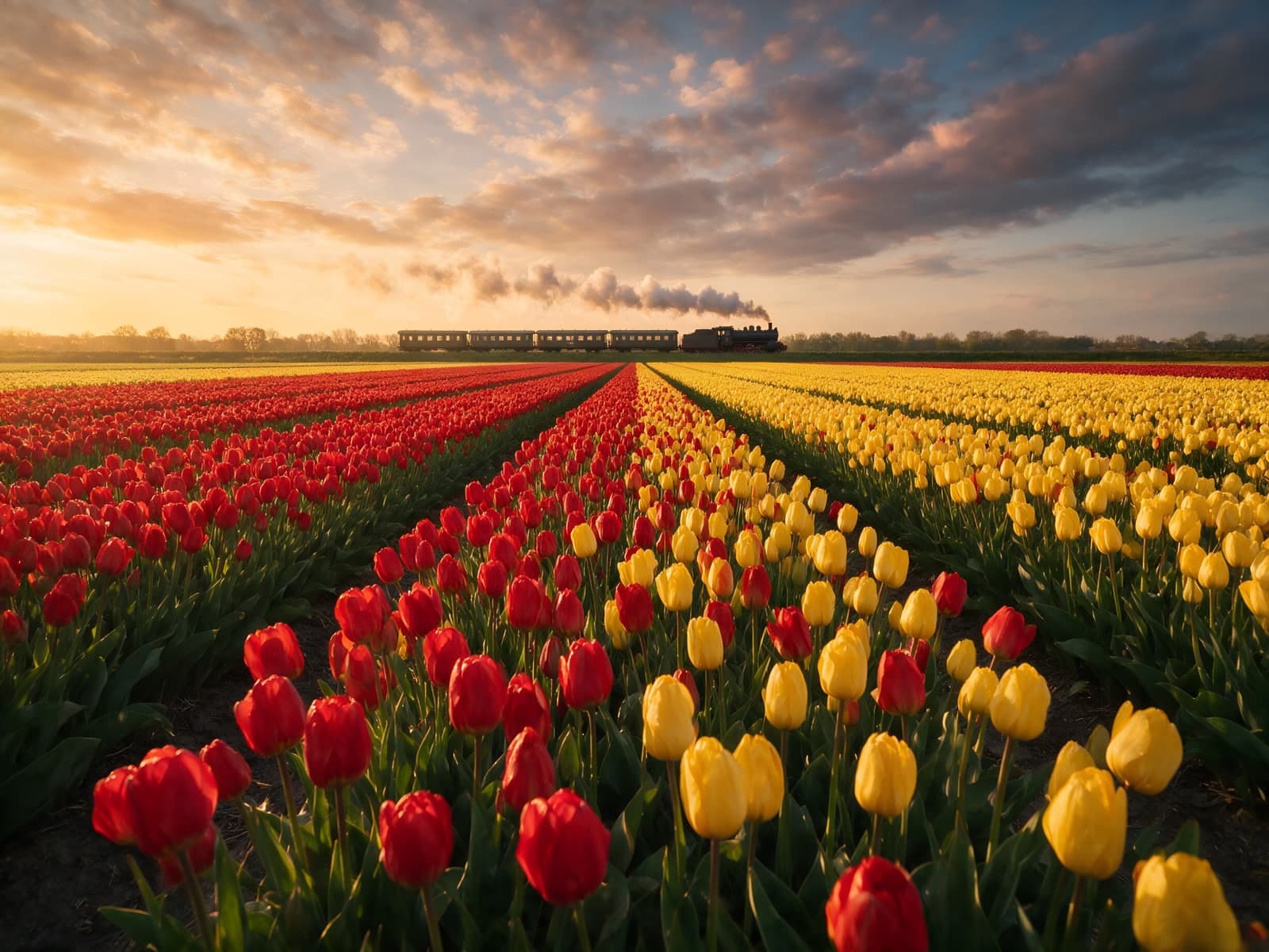 Rode en gele tulpenrijen met een stoomtrein