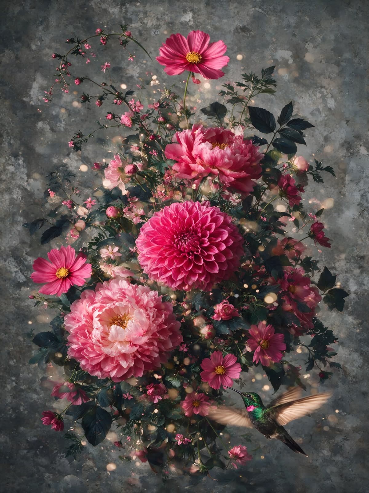 Roze dahlia's met een kolibrie op grijs