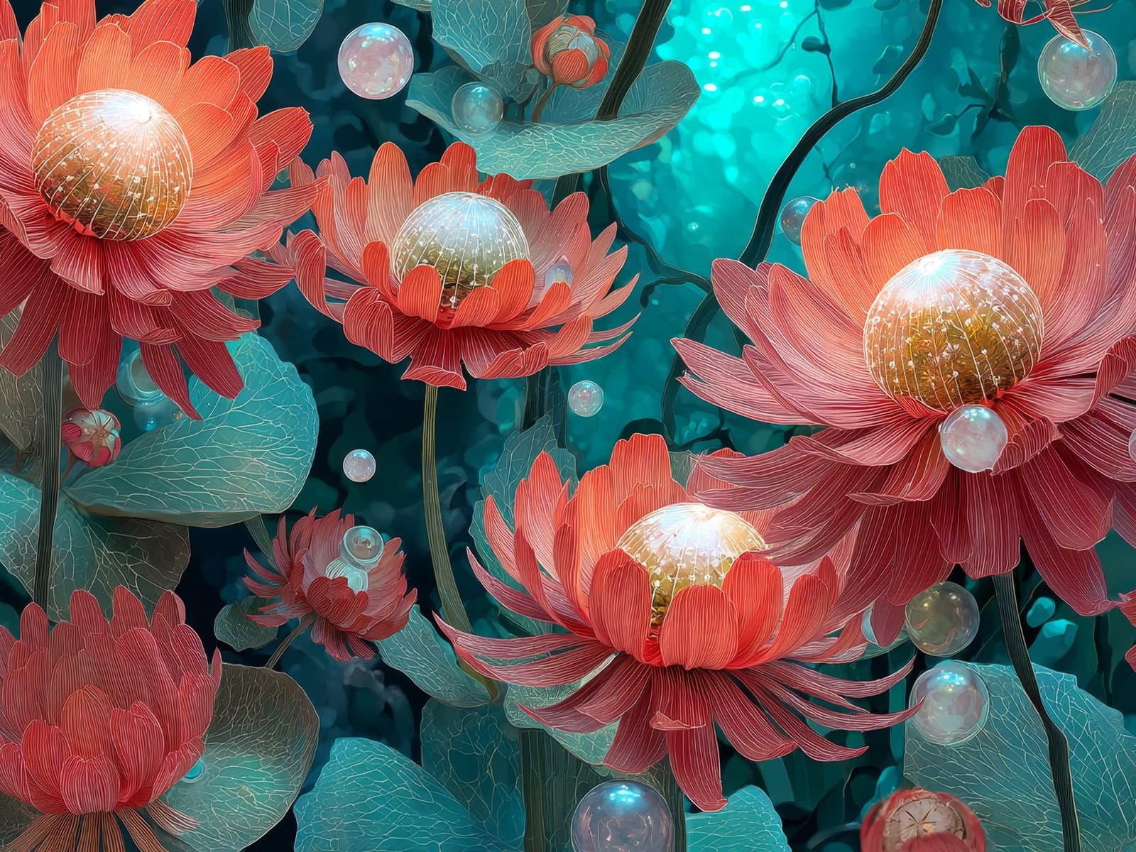 Koraalrode bloemen met glanzende parels