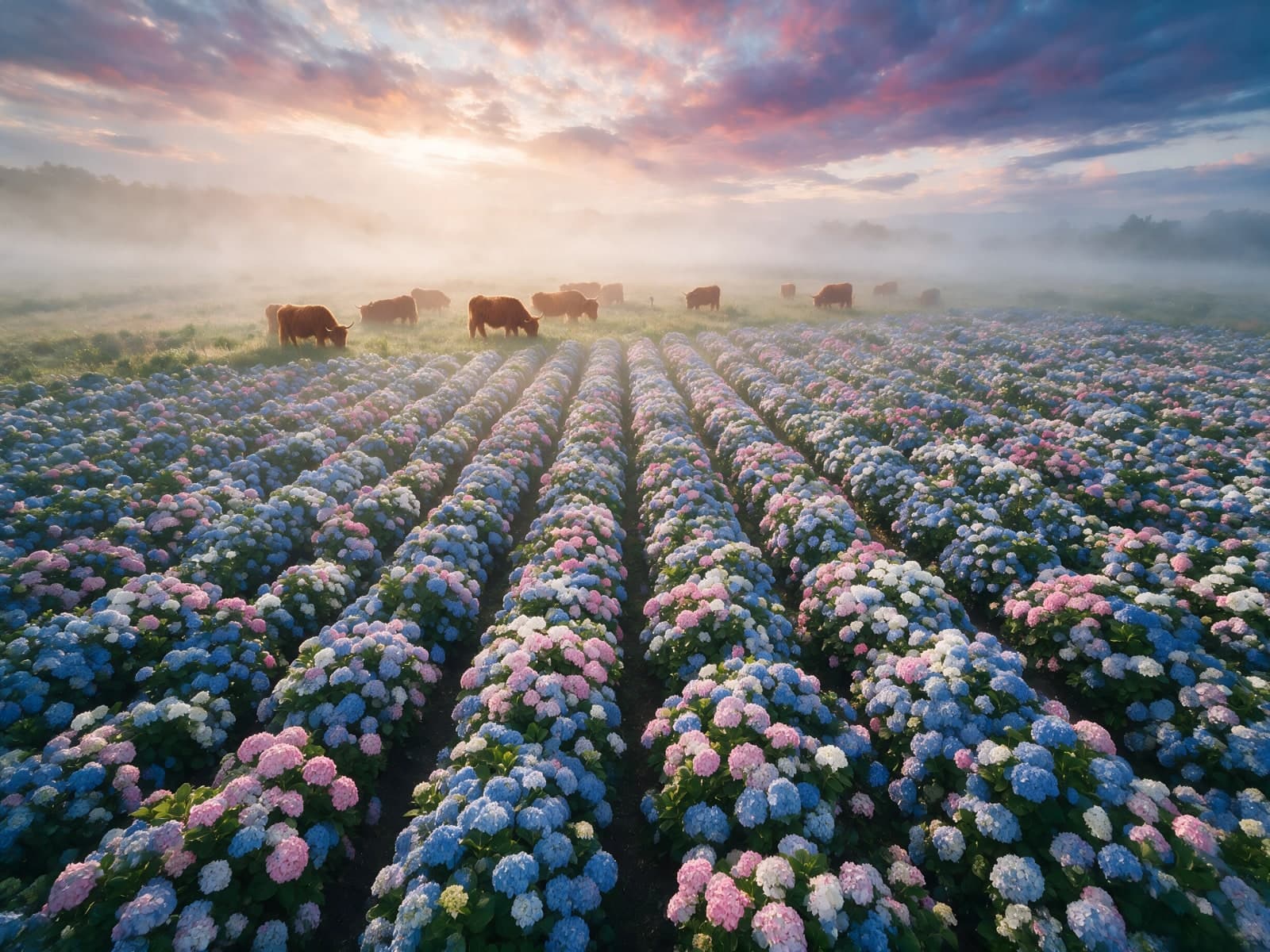 Hortensiavelden met koeien in ochtendmist