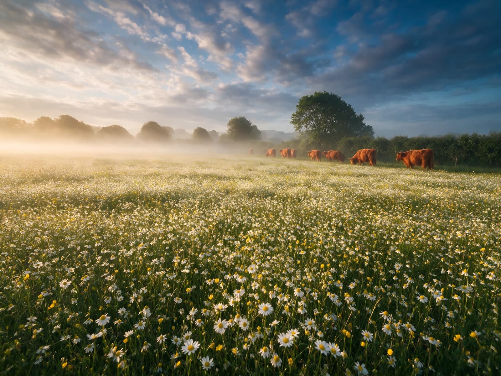 Madeliefjesveld met mist en rode koeien