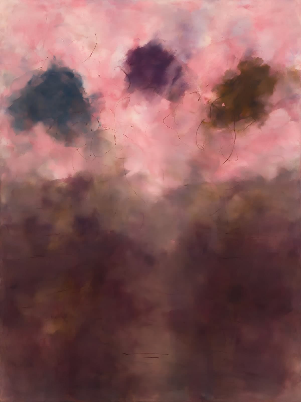 Roze wolken boven donkerpaarse nevel