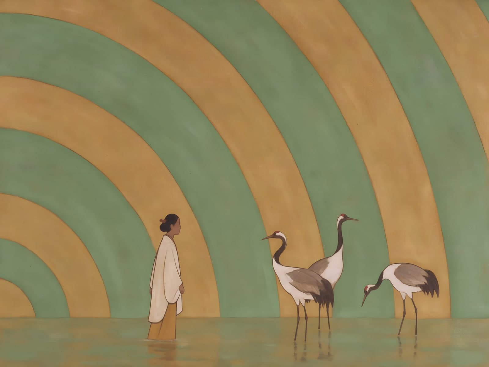 Vrouw en kraanvogels voor groene bogen