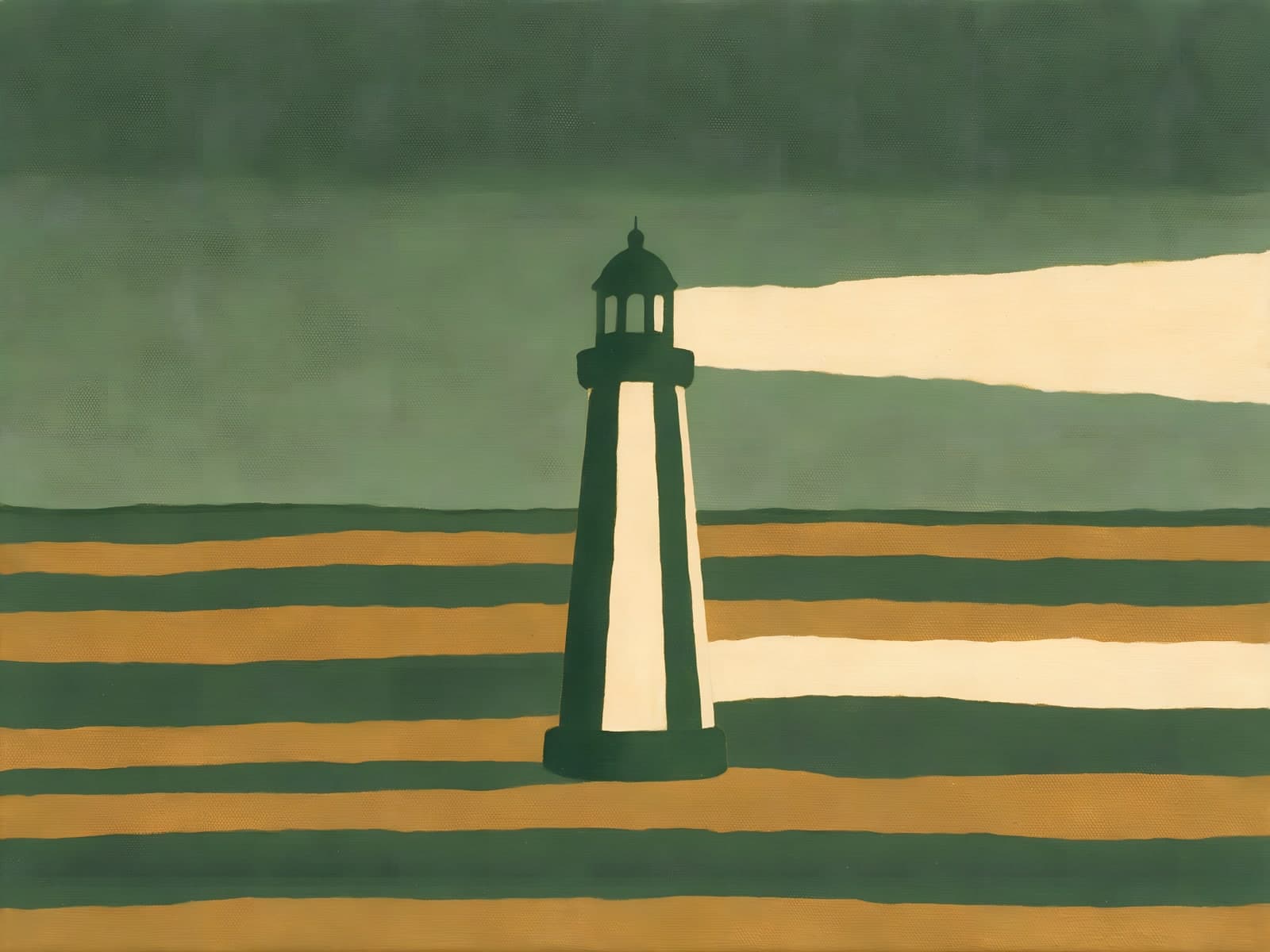 Vuurtoren met lichtbundel boven groene en okerstrepen