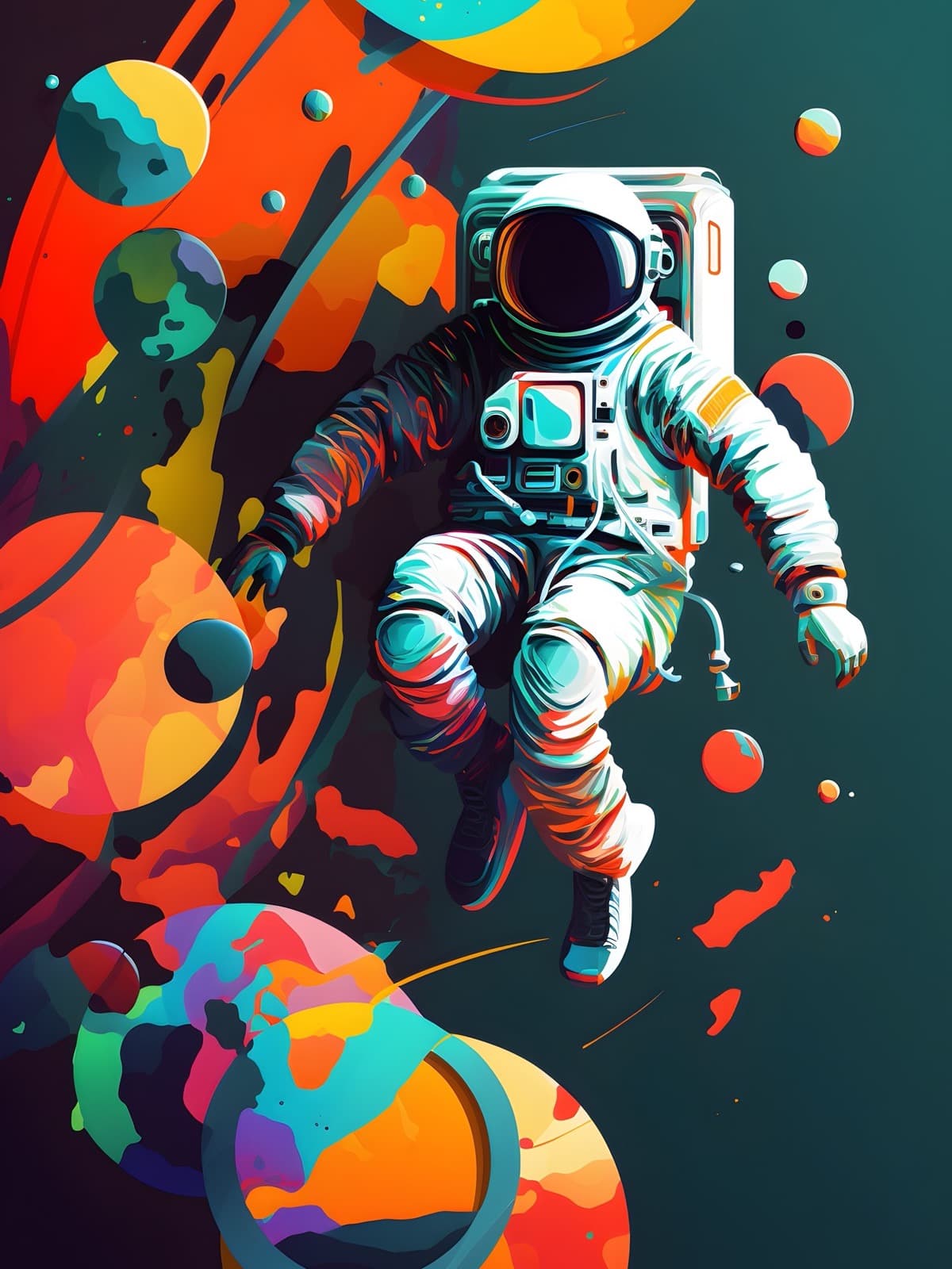 Zwevende astronaut tussen oranje planeten
