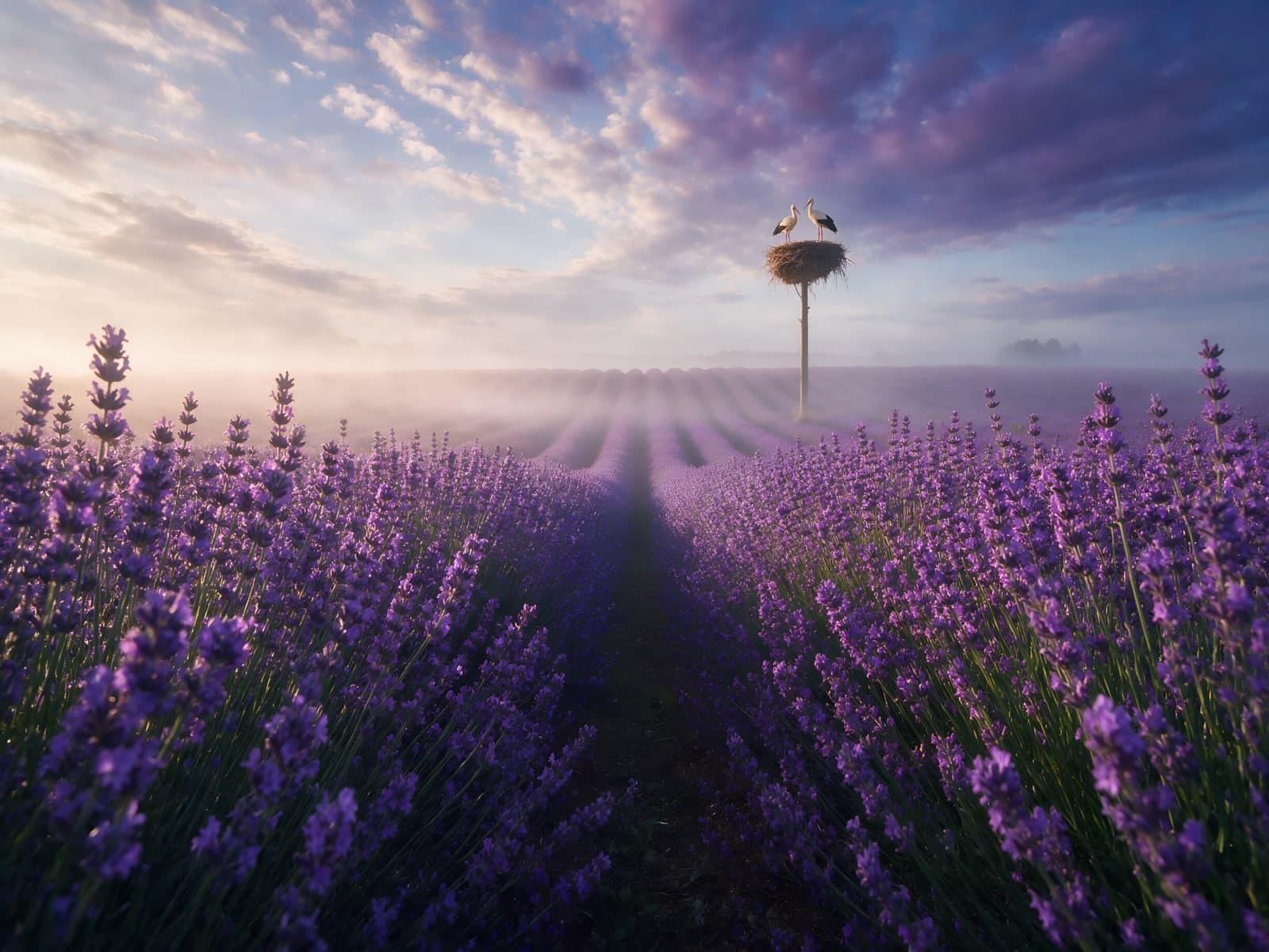 Lavendelveld met ooievaarsnest in de mist