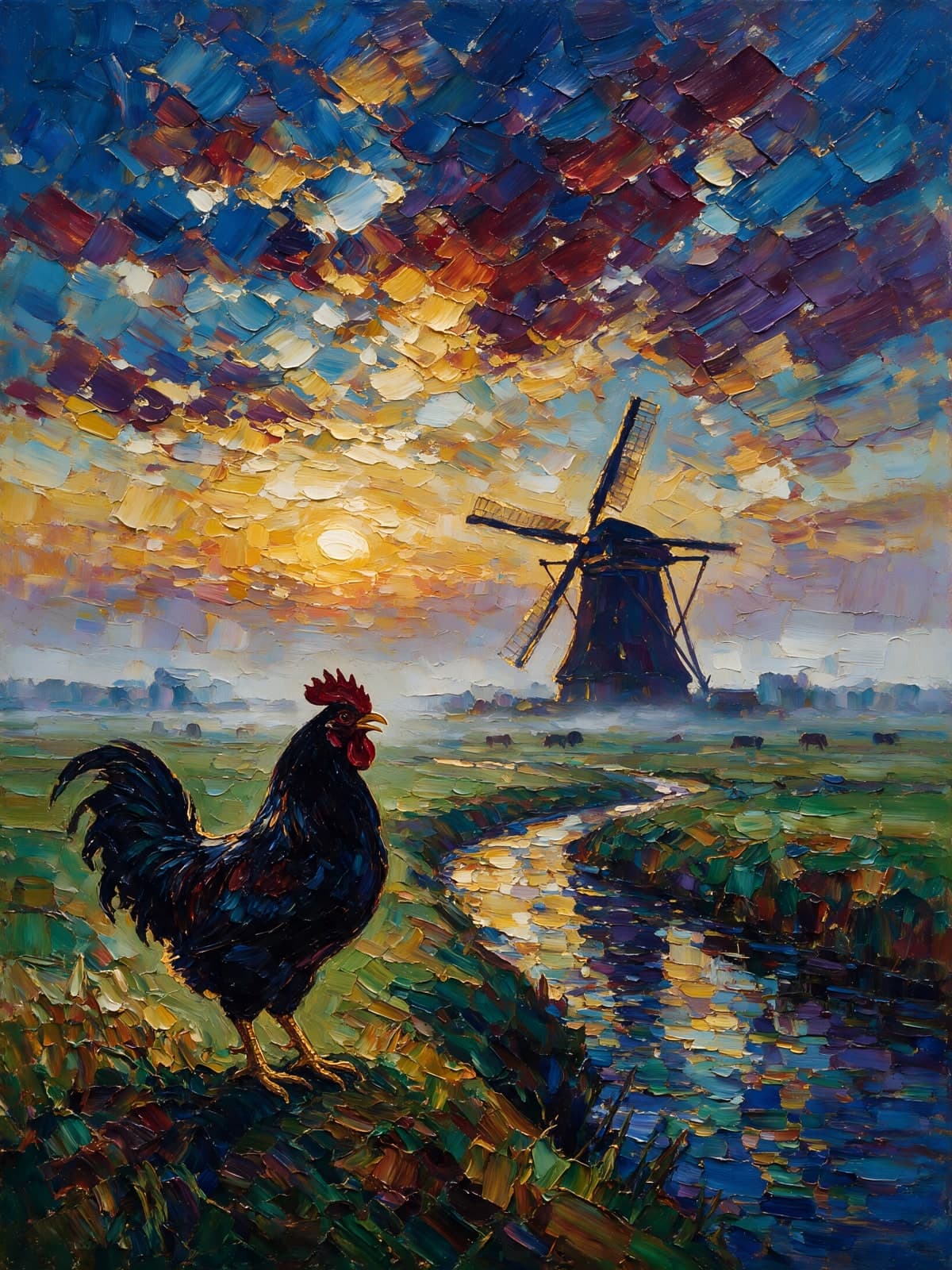 Zwarte haan bij een molen en beek