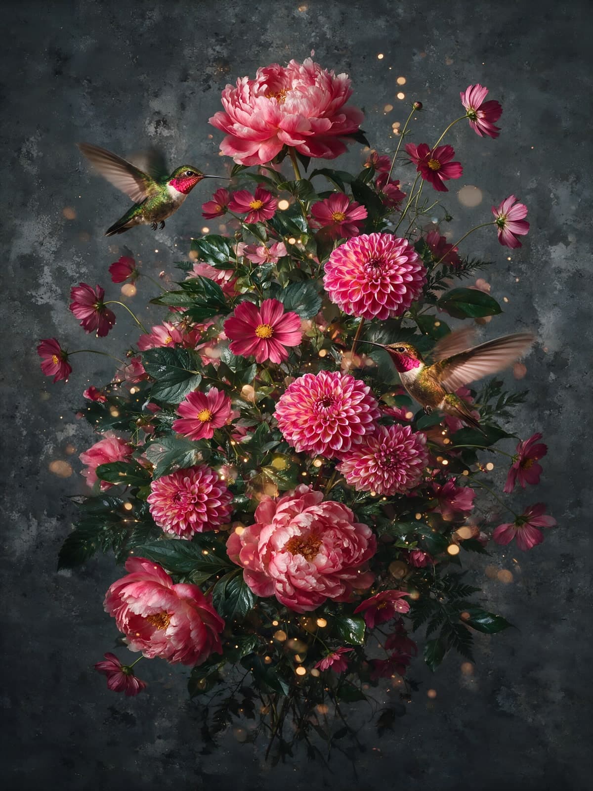 Roze bloemen met kolibries tegen donkere achtergrond