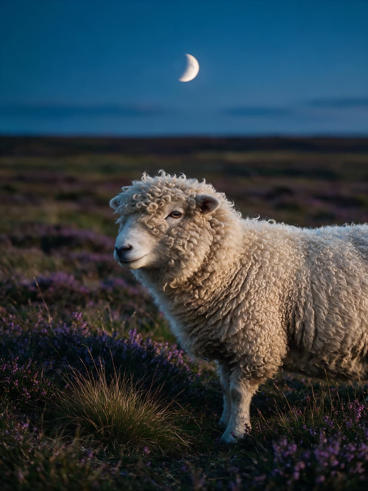 Schaap in heide onder smalle maan