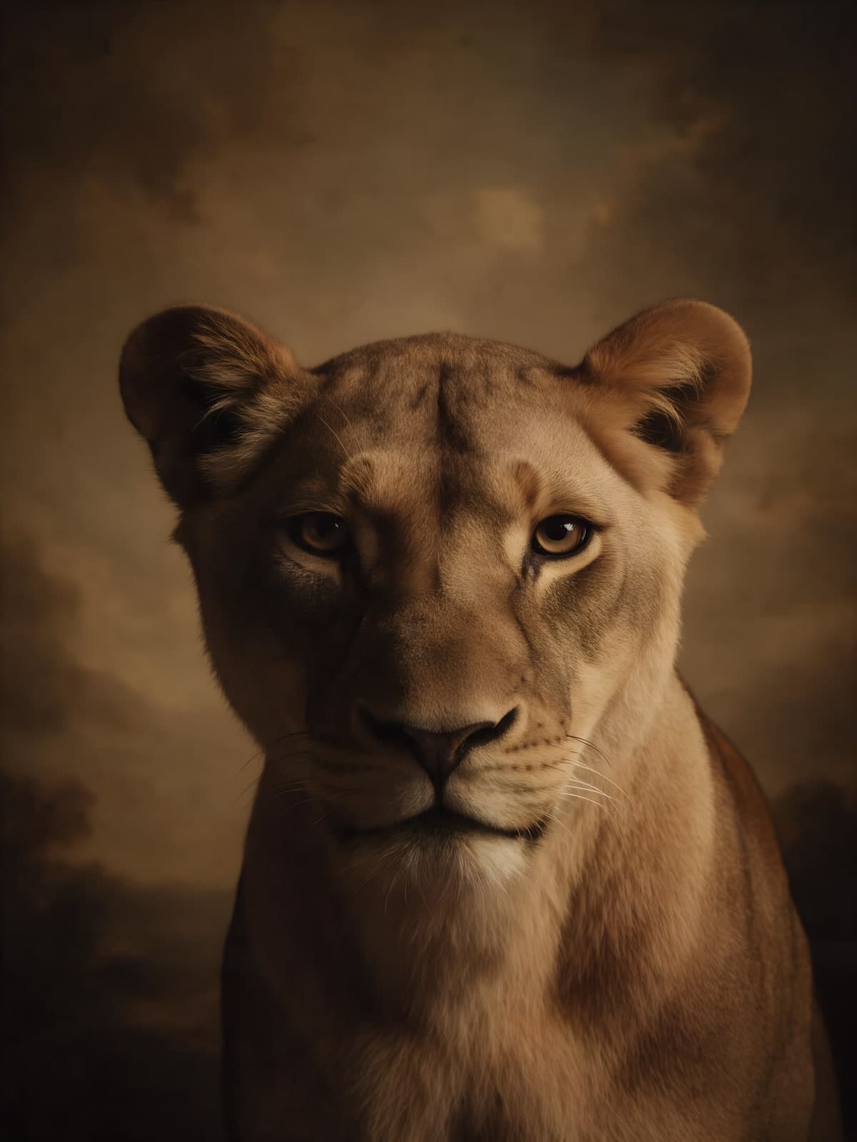 Leeuwin recht van voren onder gouden wolken