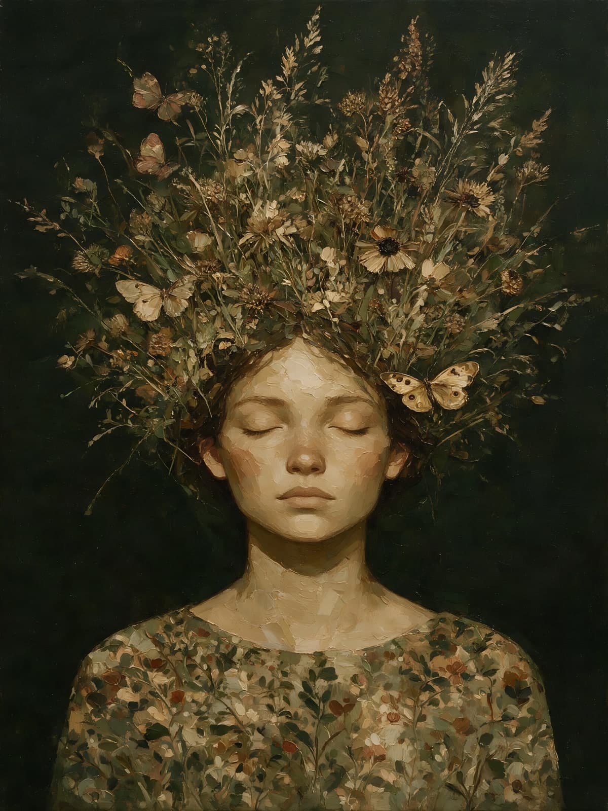 Meisje met kroon van droogbloemen en vlinders