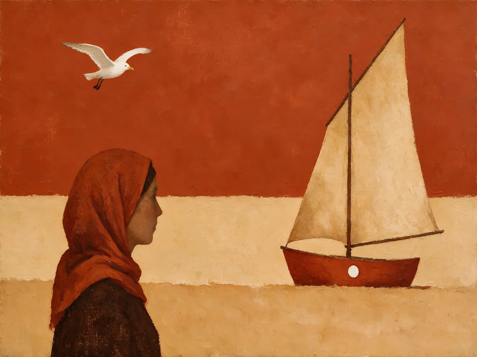 Vrouw met rode hoofddoek bij een zeilboot